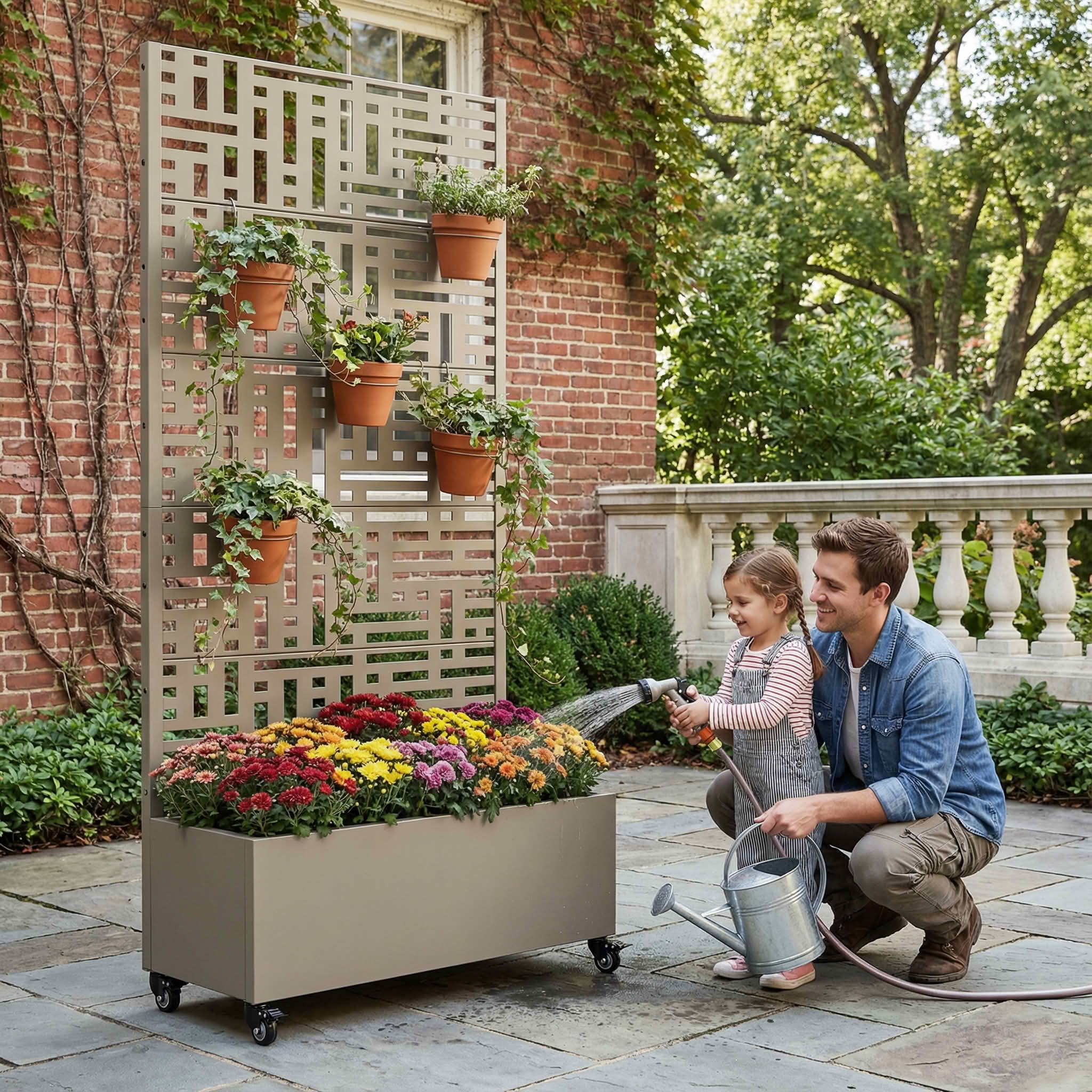 MAYEERTY 72X35" Metal Outdoor Olive Gray Privacy Screen with Planter Box for Backyard & Garden, 5 Piece Set