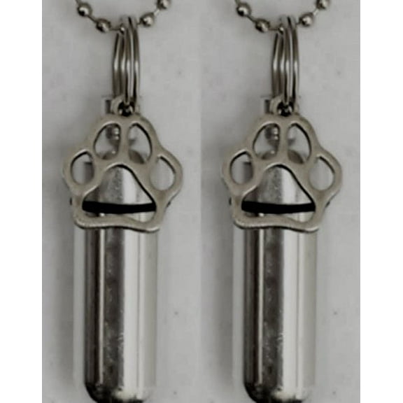 Companion Set of TWO Pet Cremation Urn Keychain Keepsake with Large Silver Paws - Includes Velvet Pouch & Fill Kit