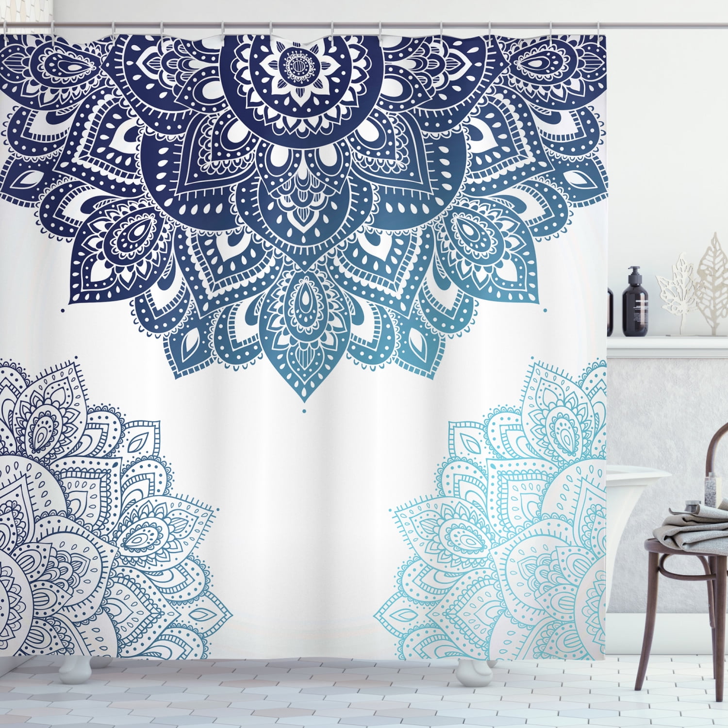Ombre Mandala Pattern Shower Curtain Fabric Decor Set with Hooks 4 Sizes 