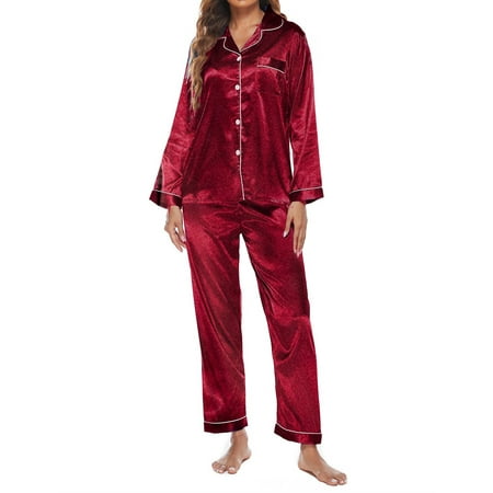 

Asotony Sleepwear Womens Silky Satin Pajamas Set Long Sleeve Nightwear Loungewear Red L