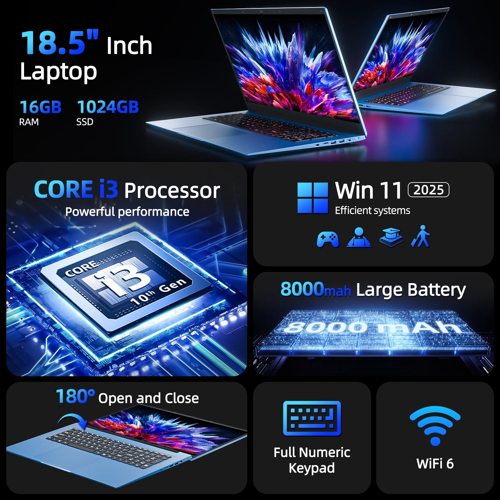 SGIN 18.5" Windows 11 Laptop 16GB DDR4 1024GB SSD Laptops Computer - 4 Core Intel i3, 1920*1080 FHD IPS Screen, Wifi 6