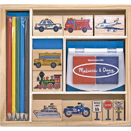 Melissa & Doug Wooden Stamp Set: Vehicles - 10 Stamps, 5 Colored Pencils, 2-Color Stamp Pad