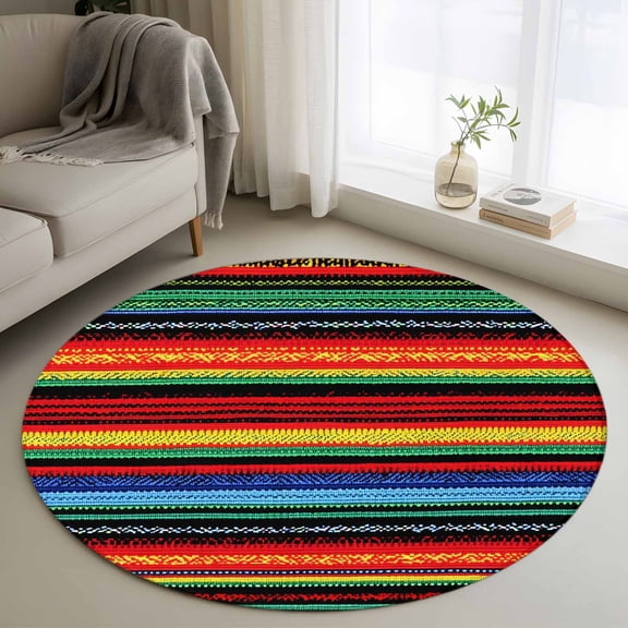 Round Rugs 4Ft, Mexico Striped Round Area Rug Washable Indoor Throw Carpet, Red Blue Green Rainbow Colored Stripes Soft Non Slip Circle Rug for Kitchen Nursery Room Home Decor Aesthetic