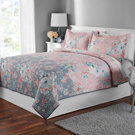 Mainstays Ultra Soft Pink Gray Floral Full Queen Quilt Walmart Com