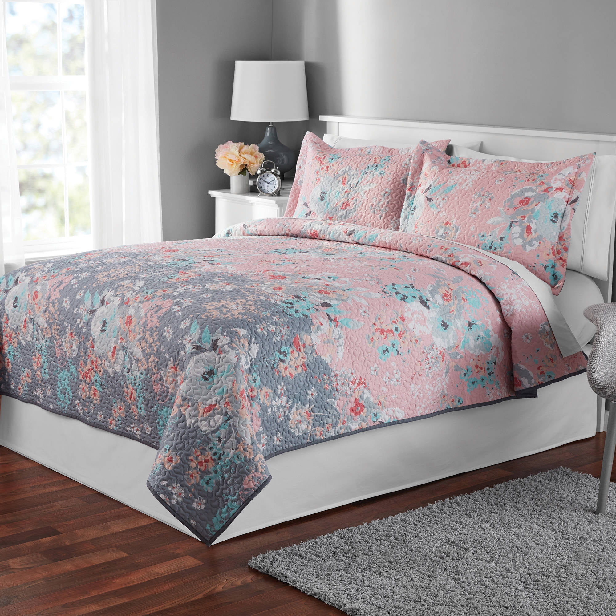 Mainstays Ultra Soft Pink Gray Floral Full Queen Quilt Walmart Inventory Checker BrickSeek