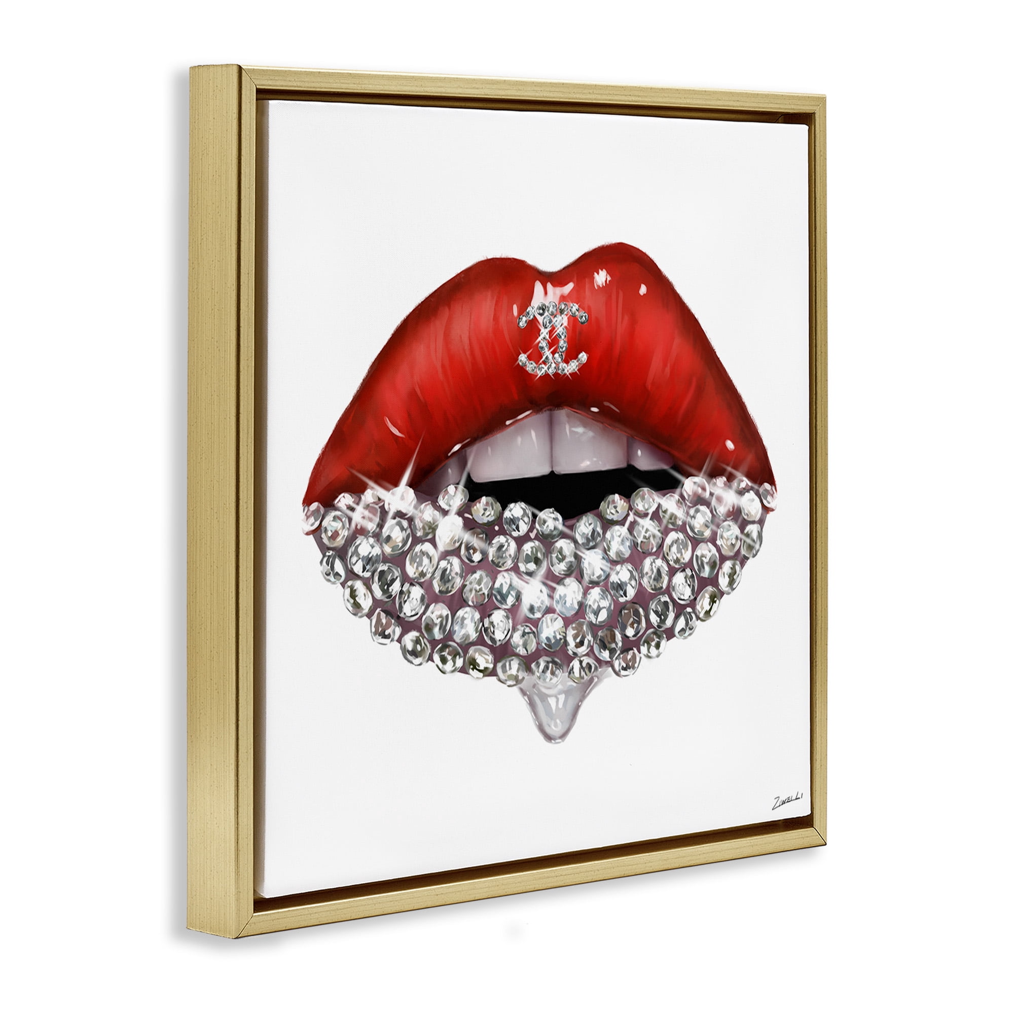 Stupell Industries Chic Red Lip Gemstones Beauty & Fashion Painting Gold Floater Framed Canvas Art Print Wall Art, 25 x 25