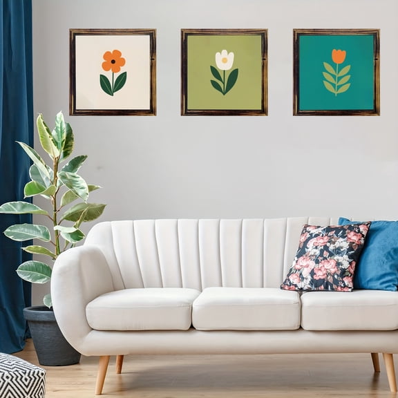 Boho Flower Art 3pcs Colorful Boho Flower Wall Art Decor | Framed Black And Abstract Wall Decor for Bedroom Living Room