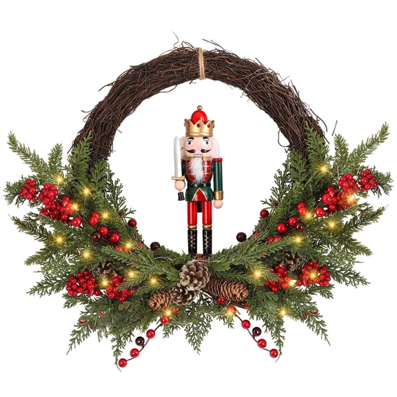 24" Cute Christmas Wreath with 30 LED Lights Holiday Gift Berry Wreath for Home Outdoor Decoration,Red