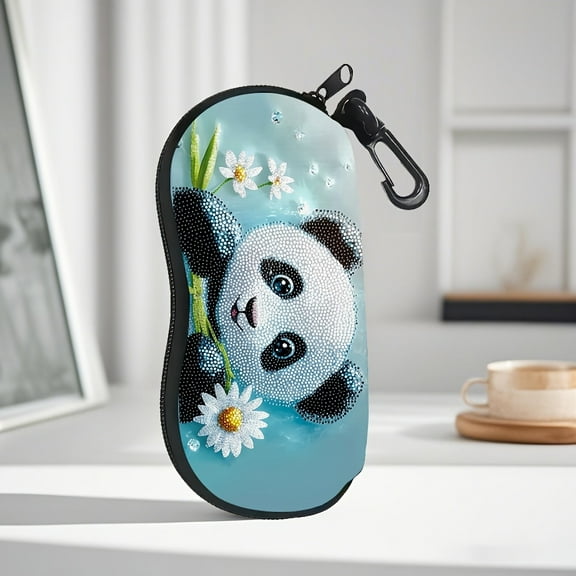 Fashionable Diamond Art Panda Painting Glasses Case, Polyester, with Zipper Closure, Perfect Gift for Elders and Friends on Mother'S Day, Father'S Day, Thanksgiving, Christmas, etc