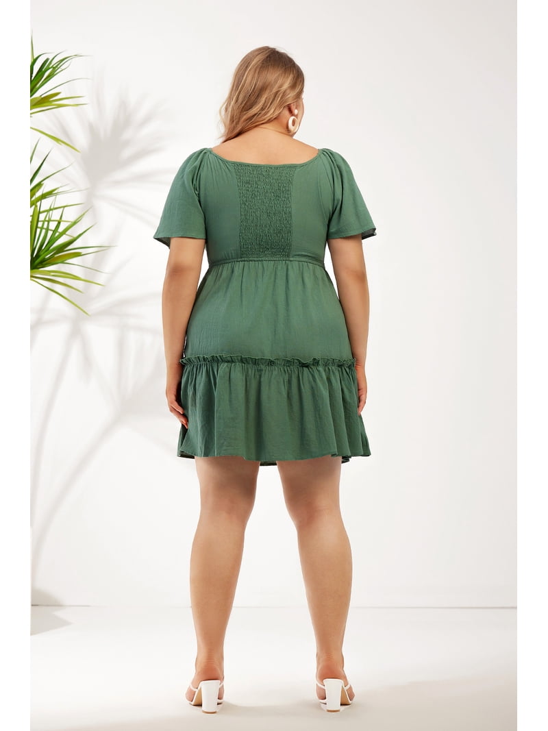 CASSIE LIZ Women's Plus Size Dress 3X Round Neck Flutter Sleeves Dress  Button Detail Green Flutter Trim Hem Patchwork Dress Casual Loose Fits Dress  For Summer 3XL 22W 24W - Walmart.com