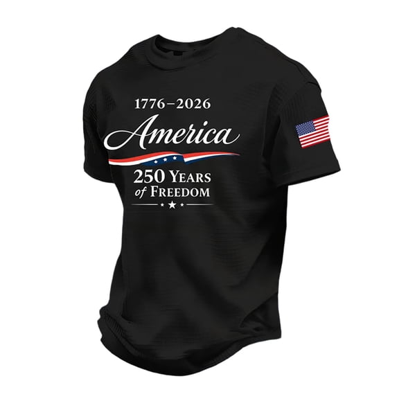 Rggeeun Men'S T-Shirt America National Flag Graphic 250 Years Of Freedom 1776-2026 Print Short Sleeve Crew Neck For 4th Of July Family Reunion Patriotic Style Tee,Black,L