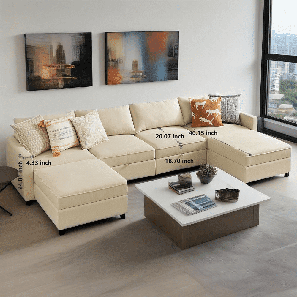 GIANNA 6 Seat Convertible Sectional Sofa Couch, U-Shaped Modern Modular Sofa Sleeper with Ottoman, For Living Room, Beige