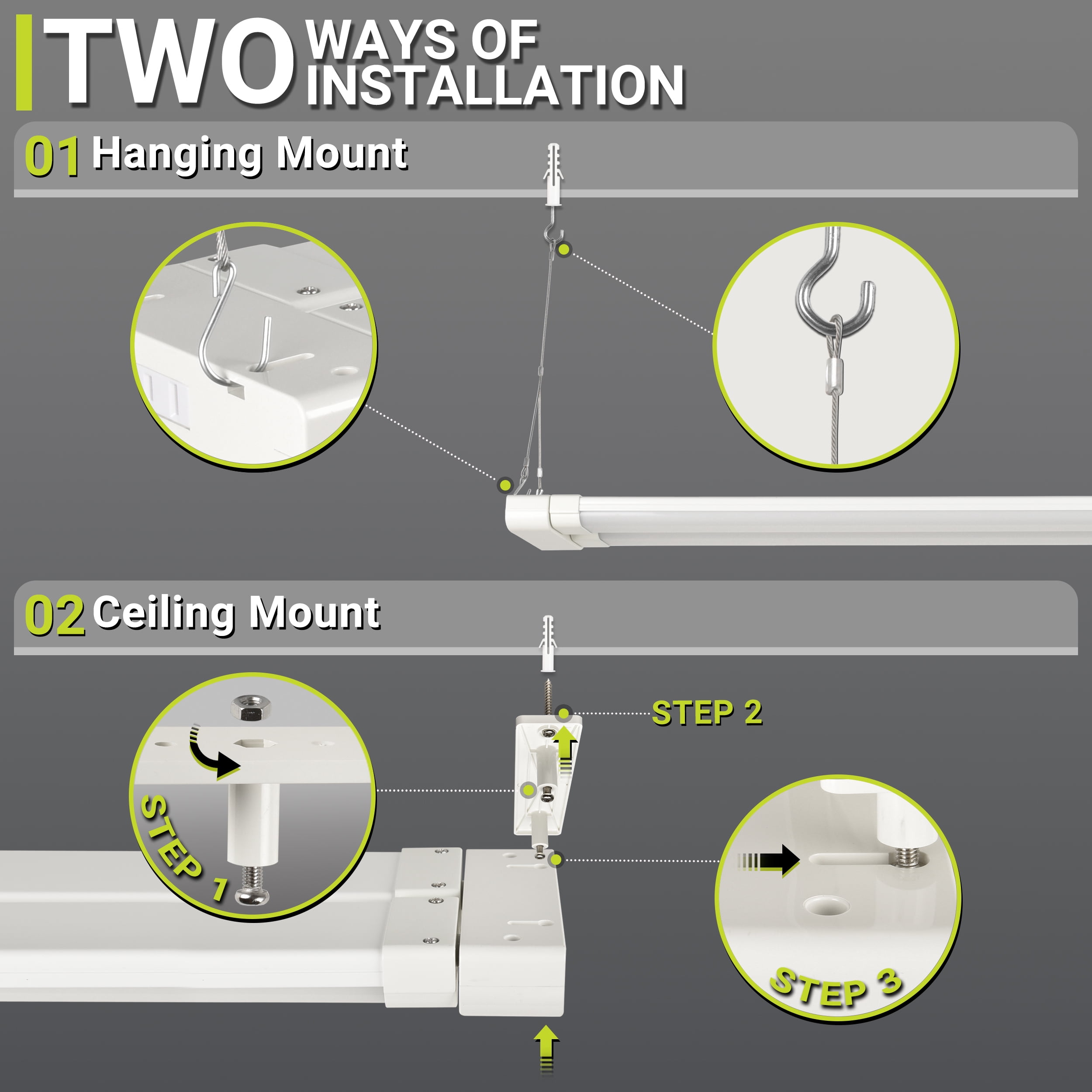 Green Watt 4-FT 10,000 Lumens LED Shop Light, Adjustable Light Panels, White Metal Construction