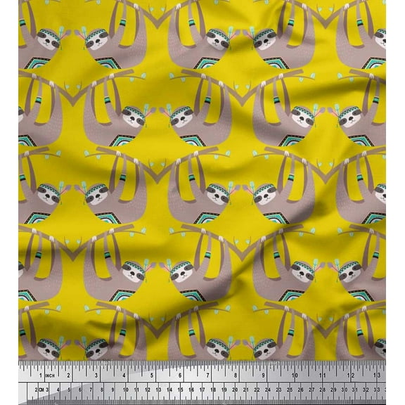 Soimoi Modal Satin Fabric Feather,Branch & Sloth Cartoon Printed Fabric 1 Yard 42 Inch Wide