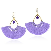 AeraVida Chic Fan Shaped Purple Tassels with Amethyst Bead Accent Brass Dangle Earrings