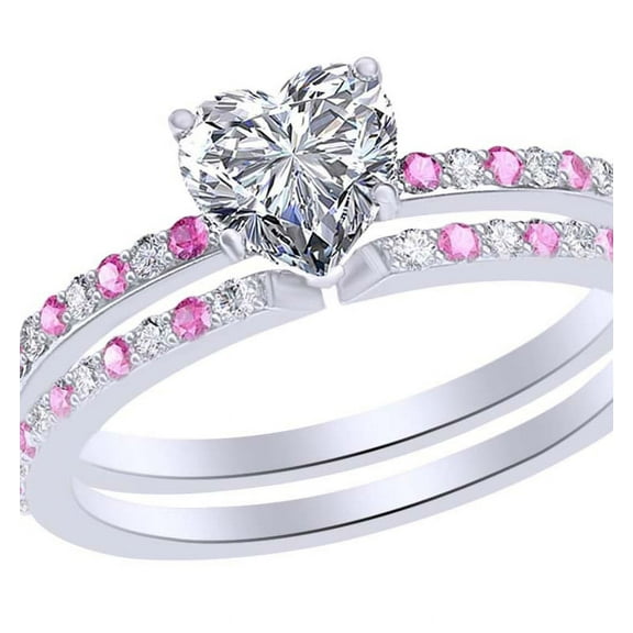 AFFY 1.24 Ct Simulated Pink Tourmaline & White Natural Diamond Heart Wedding Band Ring Set in 14k White Gold Ring Size - 9