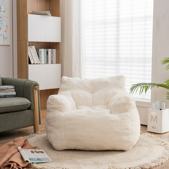 Soft Teddy Fabric Bean Bag Chair, Tufted Foam Floor Sofa for Adults, Cozy Lounge Seat for Gaming, Reading, Watching TV in Living Room or Bedroom (Ivory White)