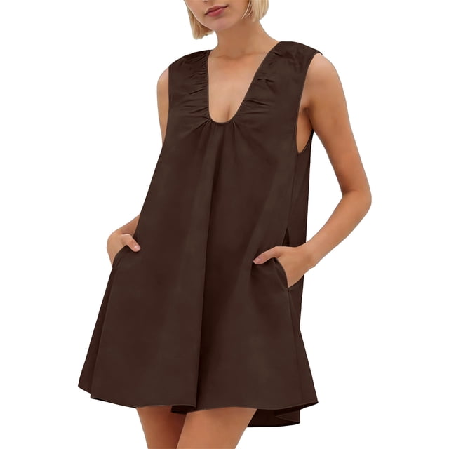 Mceream Dresses for Women Plus Size with Pockets Casual A Line Flowy Tank Dresses Summer Sleeveless V Neck Ruffled Hem Party Ruched Short Dress Coffee M