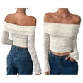 thumbnail image 3 of Camiseta de Larga con Hombros Descubiertos y Ribete de Encaje para Mujer, Estilo Y2K, con Doble Forro y Tendencia Crema S, 3 of 7