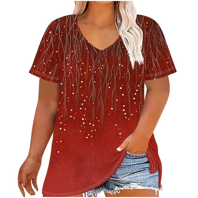 Womens Short Shorts V-Neck Short Sleeve Printing Base Shirt for Women, Plus Size Casual Top Imitation Rack