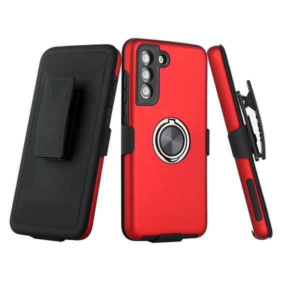 for Samsung Galaxy S21 FE /Fan Edition 3in1 Protective Hybrid Kickstand Swivel Belt Clip Holster with Ring Stand Holder Shockproof Cover ,Xpm Phone Case [Red]