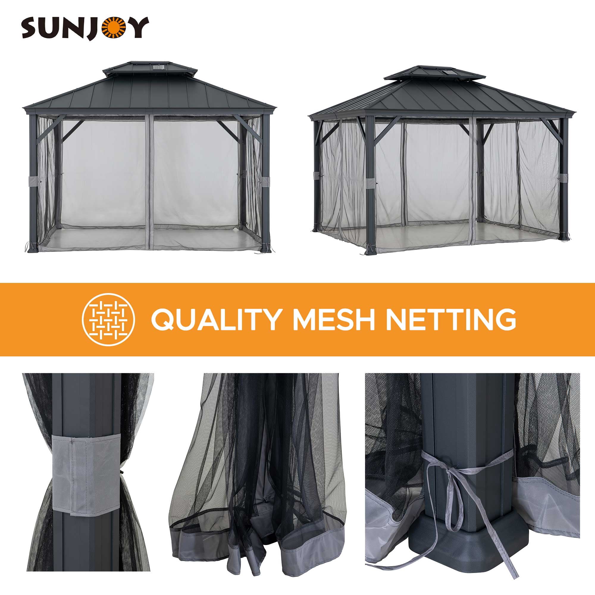 Sunjoy Hardtop Gazebo 10 x 12 ft. with Solar Panel Outdoor Patio Aluminum Frame Gazebo , 2-Tier Steel Hardtop Backyard Gazebo with Netting and Ceiling Hook, Black