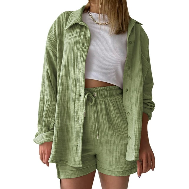 Bowake Summer Casual 2 Piece Outfits for Women Long Sleeve Button down Shirts with Drawstring Shorts Lounge Tracksuits
