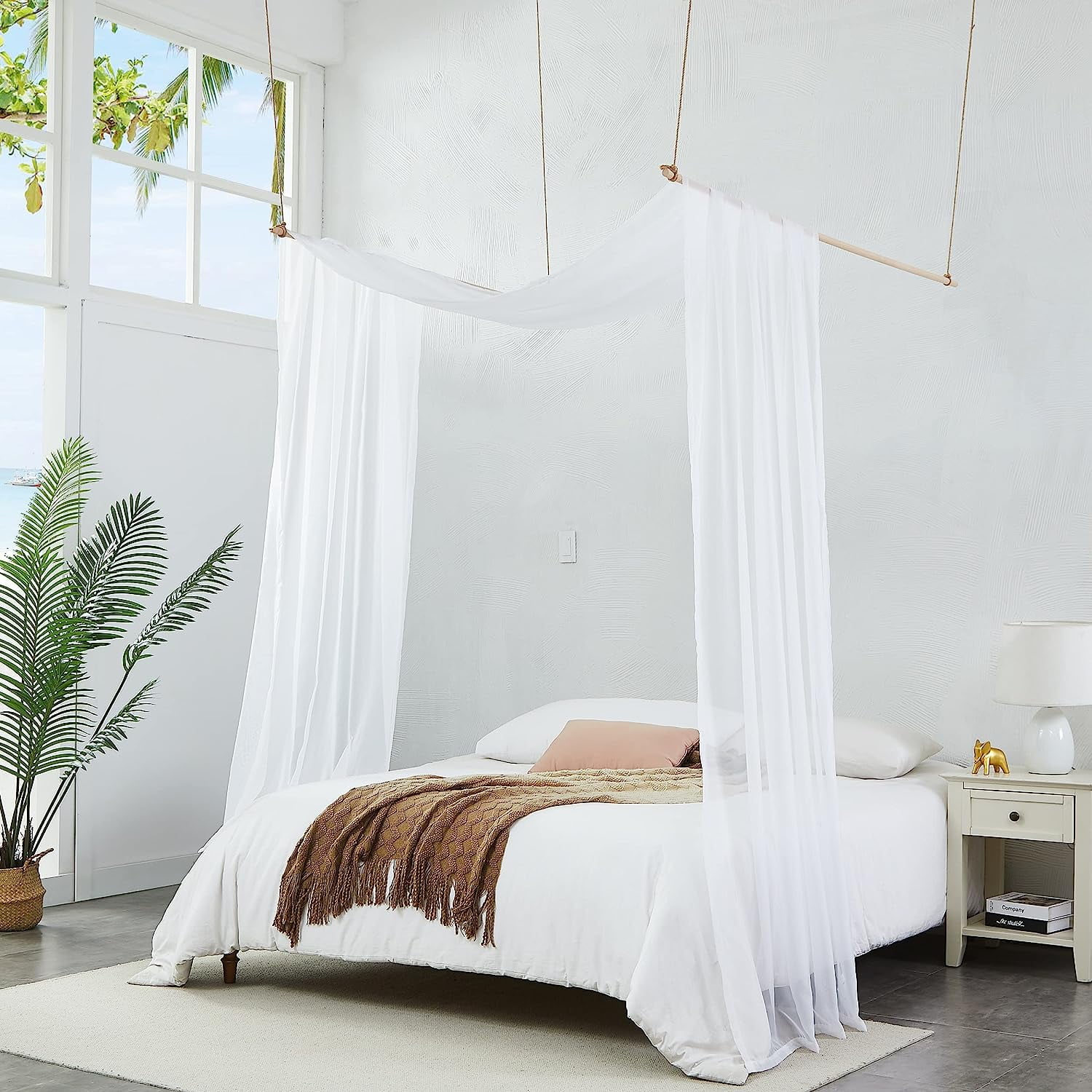 WARM HOME DESIGNS Set of 2 White Twin Canopy Bed Curtains in 55 x 144 inch Size. BE Double White 144