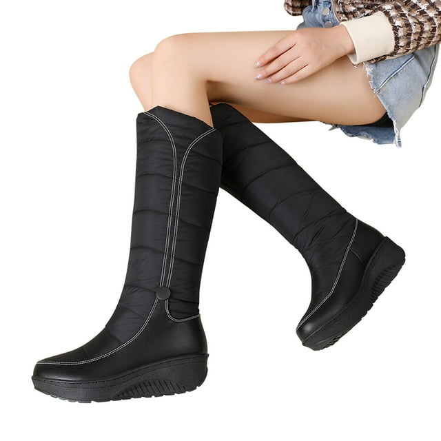 Prix Réduit! Aqestyerly Bottes d'Hiver pour Femmes Bout Rond Tissu Baissé Manche pour Femmes Talon Moyen Décontracté Tige Haute Épaisse Double Couche Bottes de Neige