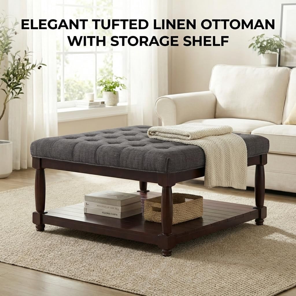 ODUWA Coffee Table Ottoman with Storage Shelf, Tufted Upholstered Footrest Stool, Solid Wood Base Accent Table for Living Room