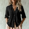 thumbnail image 2 of Yigetop Womens Tops Casual! Button Down Shirt for Women Summer Cotton Linen 3/4 Sleeve Blouse Casual V Neck Collarless Beach Top with Pockets 3/4 Length Sleeve Womens Tops Black S, 2 of 6