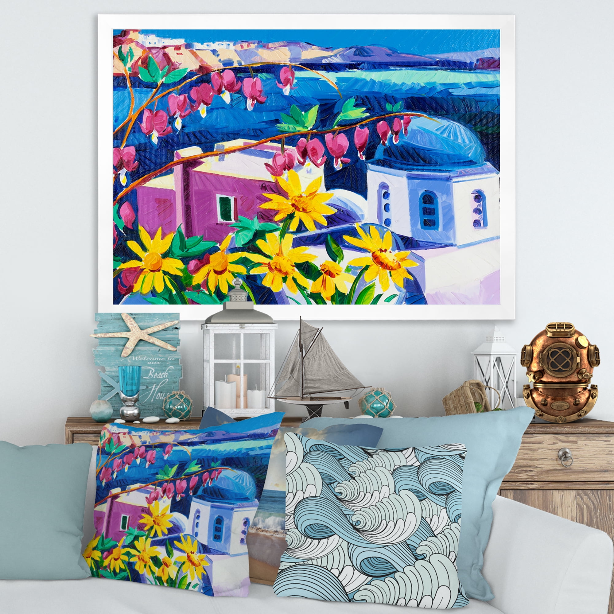 Designart 'Colorful Traditional Santorini Churches Among Flowers' Nautical & Coastal Framed Art Print