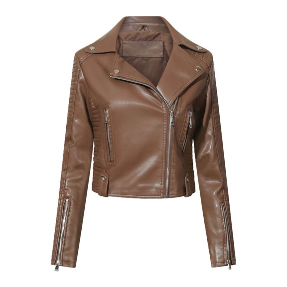 uublik Faux Leather Short Jacket Women Crop Short Cropped Slim Zip Up Moto Biker Coat Motorcycle Jackets Brown