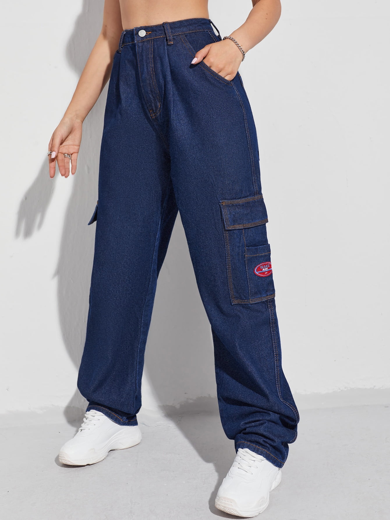 Women's Patched Detail Flap Pocket Wide Leg Jeans 21760W31112 - Walmart.com