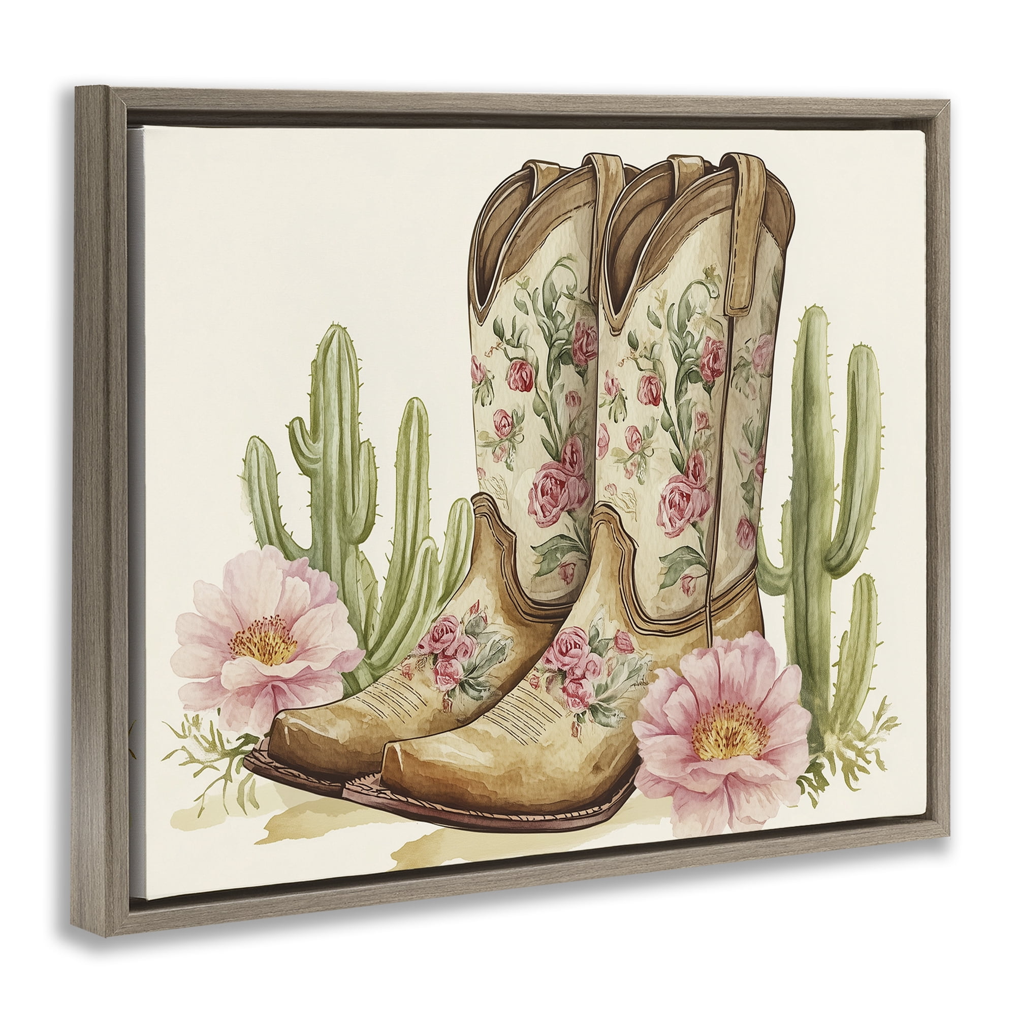 Stupell Industries Floral Boots & Cactuses Brown Framed Floater Canvas Wall Art, design by Heidi Kuntz