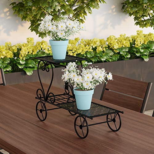 Pure Garden 50 Lg1149 Plant Stand 2 Tiered Indoor Or Outdoor Decorative Vintage Look Wrought Iron Cart For Patio Deck Home Lawn Black Com Pure Garden 50 Lg1149 Plant Stand 2, Vintage Metal Garden Carts