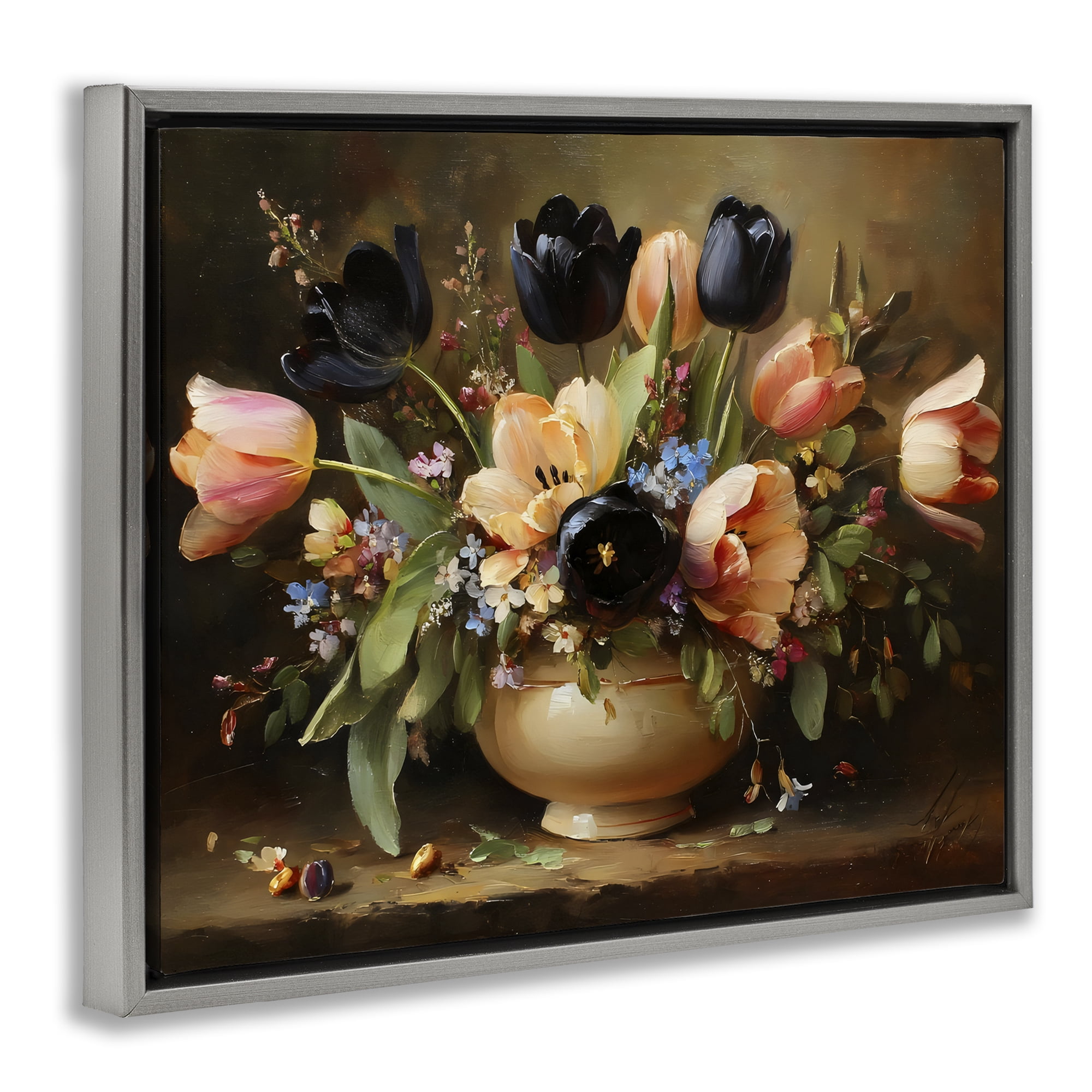 Stupell Industries Black Tulips & Peach Bouquet Gray Framed Floater Canvas Wall Art, design by Franklyn Gregory