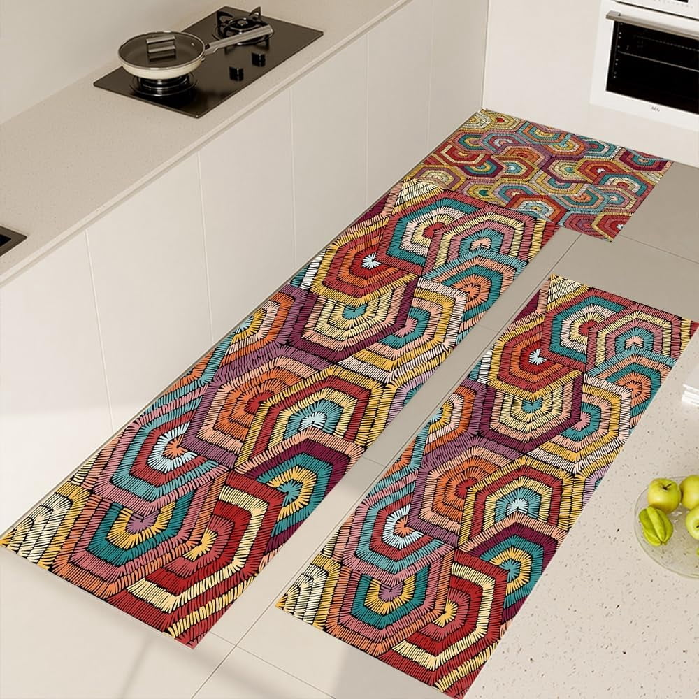 Boho Rugs Kitchen Rug Sets 3 Piece,Red Yellow Geometric Triangle Rugs Non Slip Kitchen Rugs and Mats Set,Boho Western Decor Rugs for Floor Washable Kitchen Floor Rugs for Hallway Laundry Room