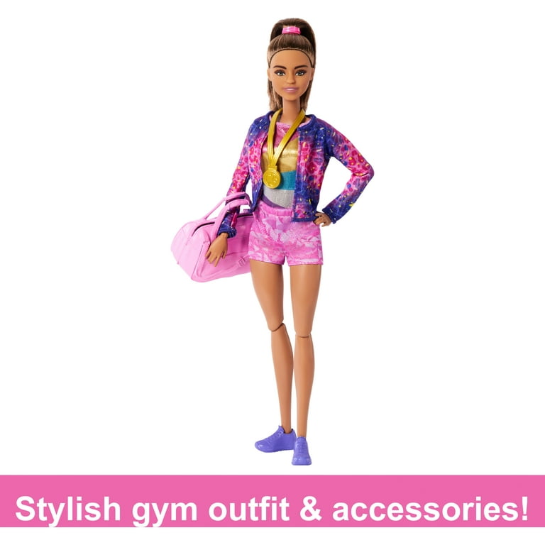 Barbie Gymnastics Playset with Brunette Fashion Doll Balance Beam 10 Accessories Flip Feature