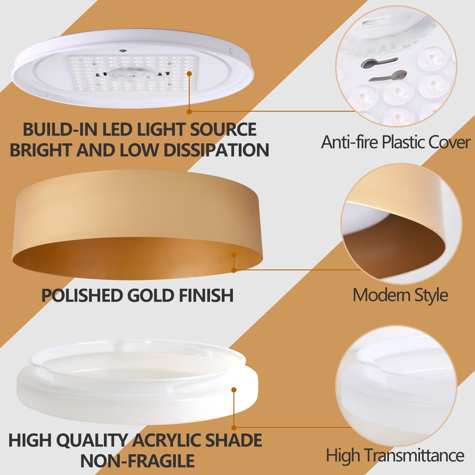 BESTOMINE Flush Mount Ceiling Light,16.5 inch LED Ceiling Light Fixture,Polished Gold Finish,Light Fixtures Ceiling Mount,Light Fixtures,Dimmable/3000K/18W,Outdoor Flush Mount Lighting Fixtures