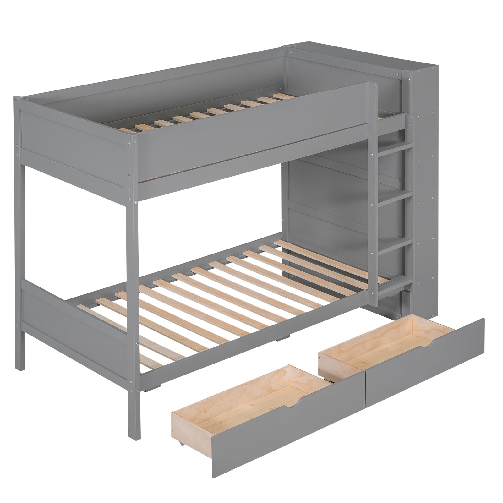 Euroco Pine Wood Twin over Twin Bunk Bed, Storage Bed with Cabinets and Shelves for Kids Teens, Sapce-Saving Design, Gray