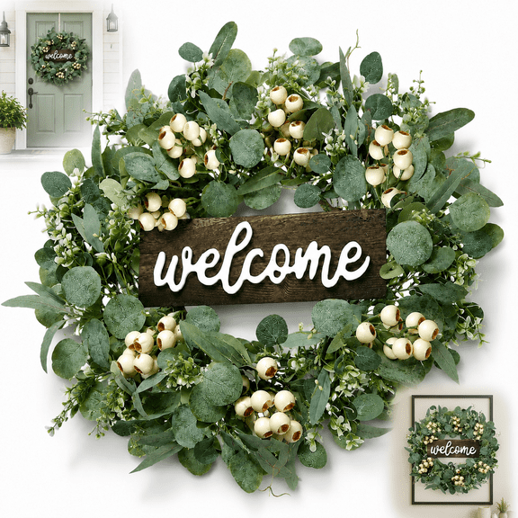 Tattom 20 Inch Artificial Eucalyptus Wreath with Welcome Sign, Green Wreath for Front Door with White Berries, Spring Summer Fall Farmhouse Porch Wall Window Decor
