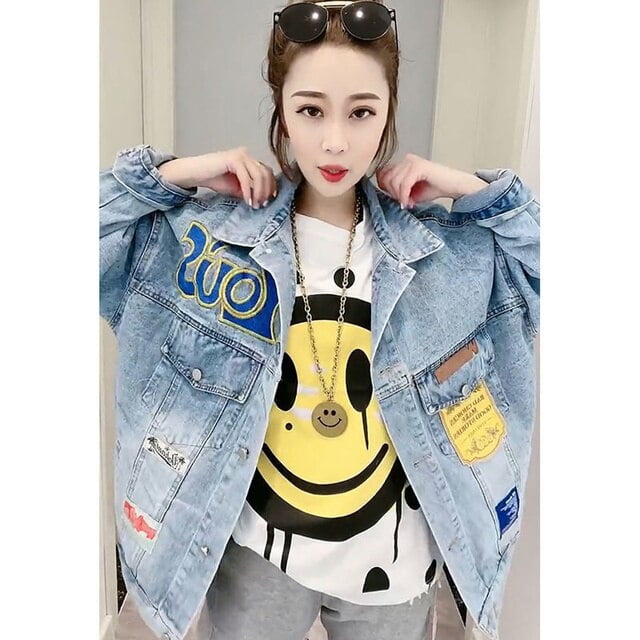 DanceeMangoo Vintage Full Sleeve Appliques Pattern Black Denim Jacket  Leisure Trend Coat Spring Autumn New Jeans Jacket