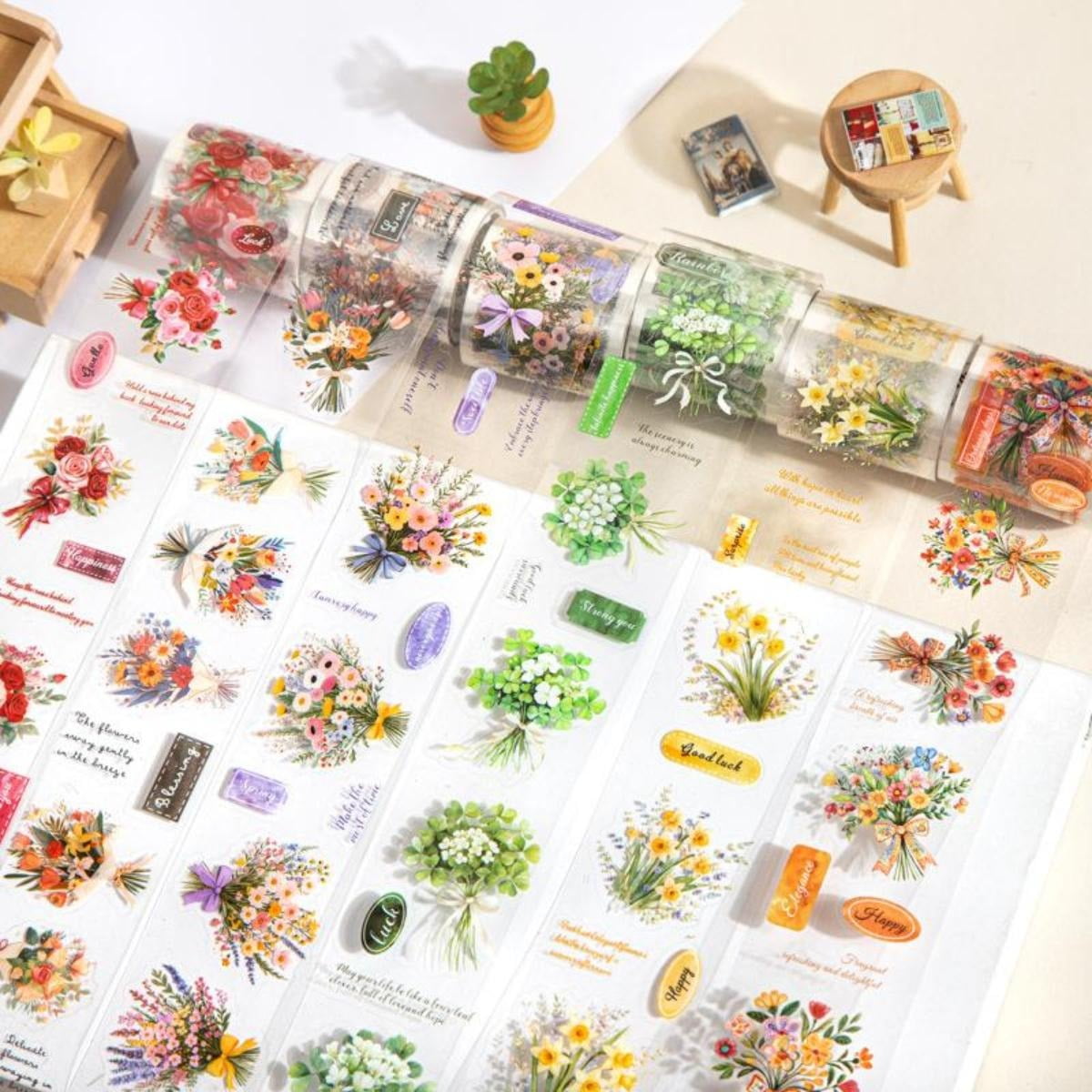 6 Rolls of 12m Floral Die-Cut Tapes Bouquet and Text Themes PET Waterproof Material Retro Style DIY Planner Decoration Scrapbook Material Tape
