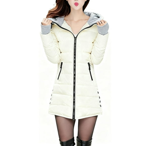 Women's Long Parka Jacket Casual Warm Thick Full Zip Hooded Helena Puffer Coat Long Sleeve Stretch Parka Winter Outfit (L, Beige)