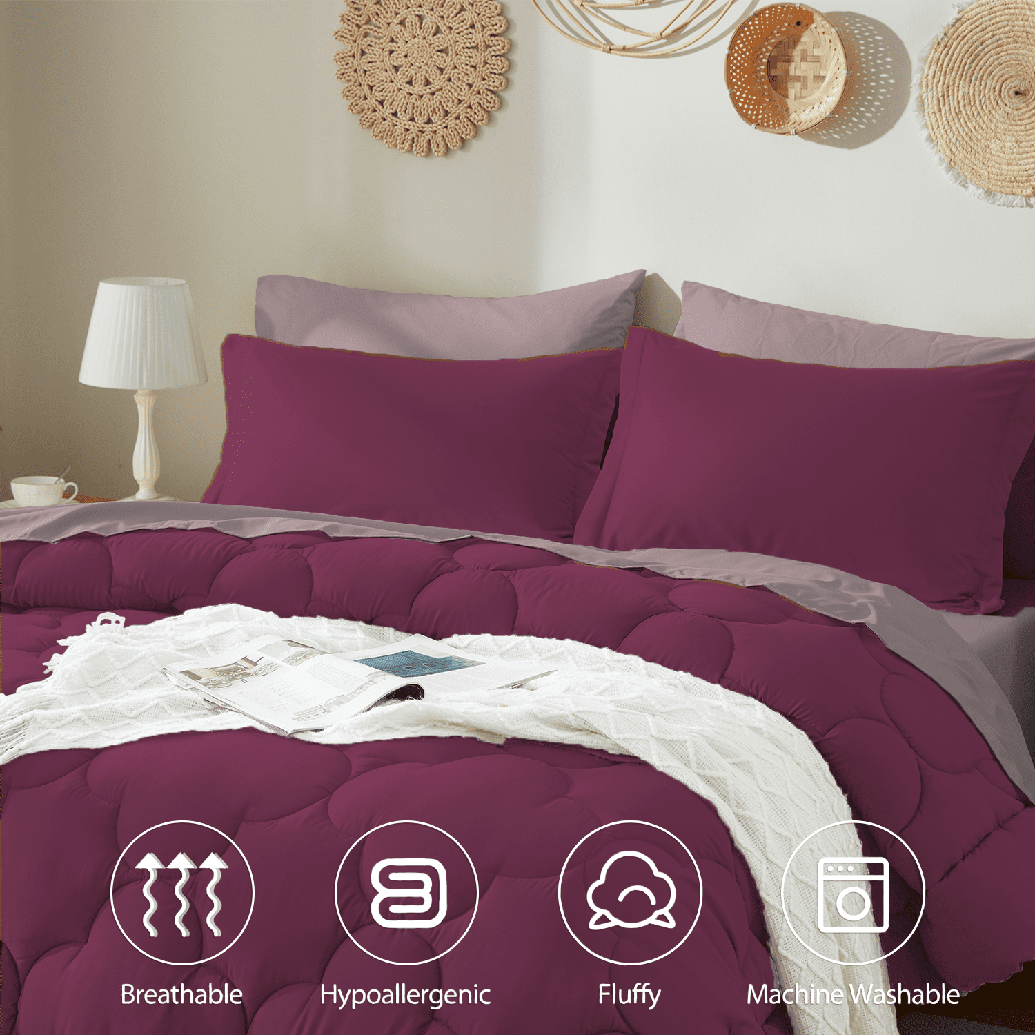 Bedtreat Twin Comforter Sets，5-Pieces Reversible Bedding Sets，Bed in a Bag with Comforter， Flat Sheet and Fitted Sheet, Pillowcase & Sham，Burnished Lilac/Amaranth