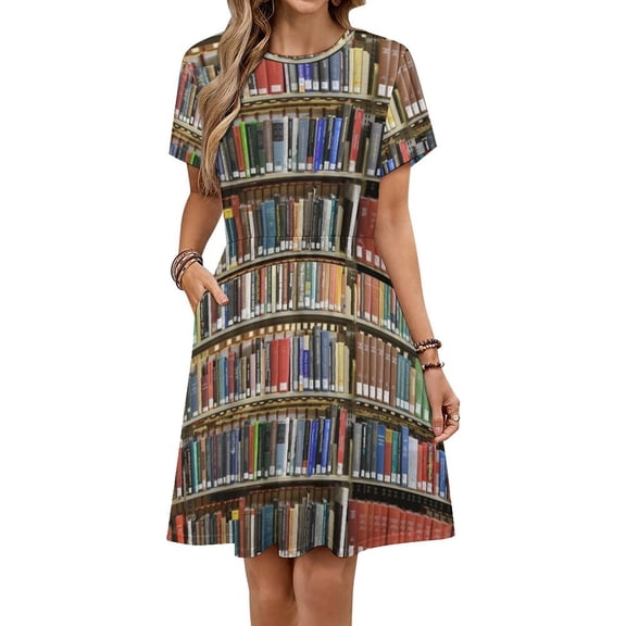 Library Bookshelf Dress Summer Street Style Dresses Female Short Sleeve Printed Sundress
