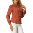 thumbnail image 4 of BLUSA CHIC para Mujeres con Cuello Peter Pan, Manga Abullonada, Con Trimming en Contraste, Camisa de Botones S Marrón, 4 of 6