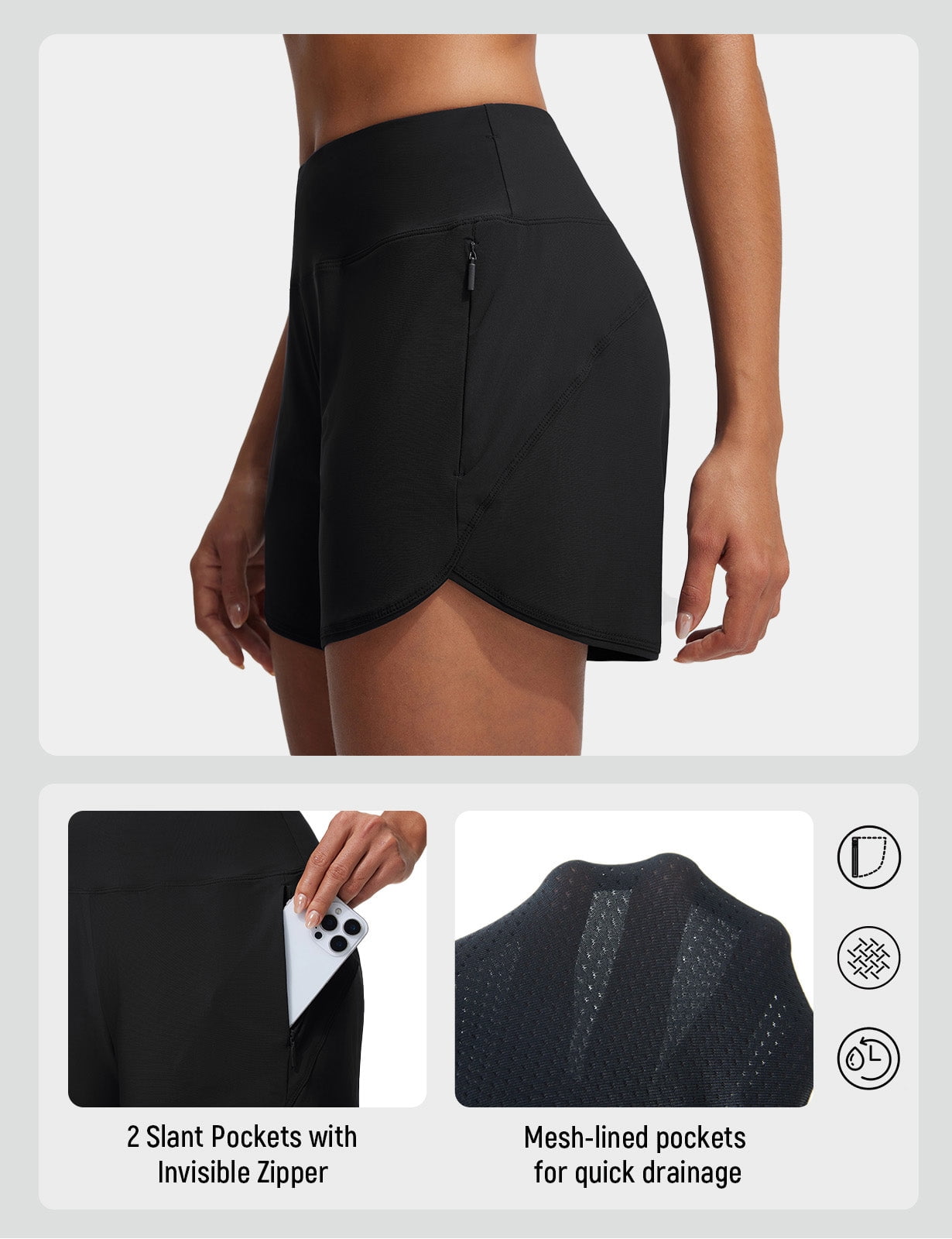 baleaf Swim Shorts for Women High Waisted Board Shorts Tummy Contol Swim Bottoms for Swimming with Liner Zipper Pockets Quick Dry UPF 50+ Black L