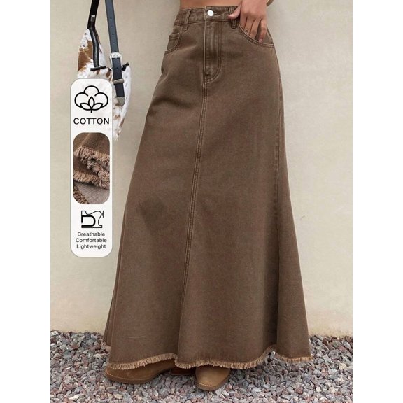 Womens Brown Cotton Frayed Hem Fish Tail Denim Maxi Skirt